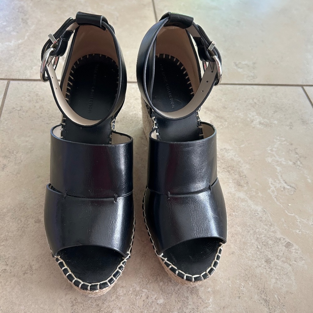 Zara Black Leather Espadrille Wedge Sandals
